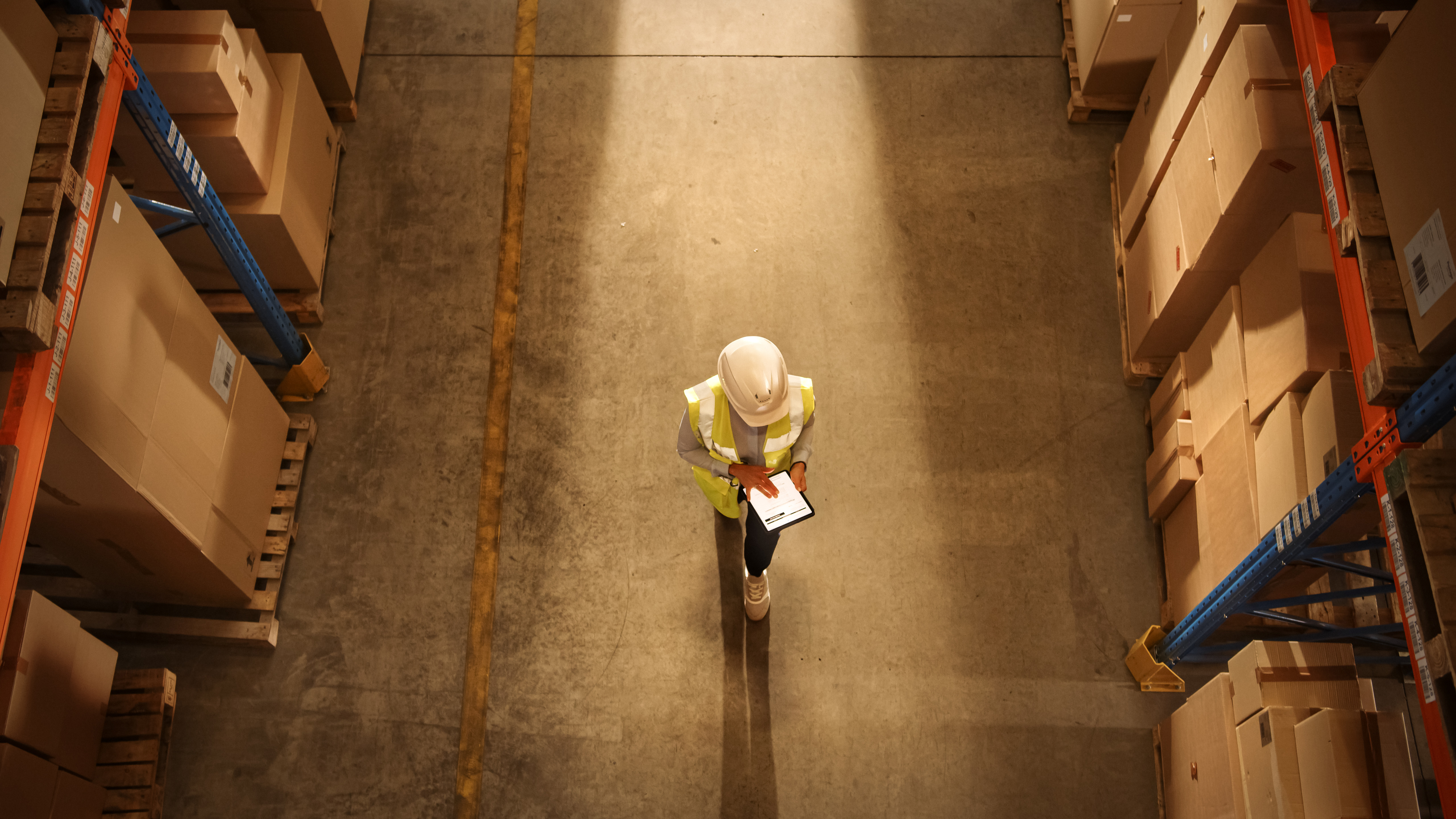 Warehouse Worker In Aisle Birdseye View