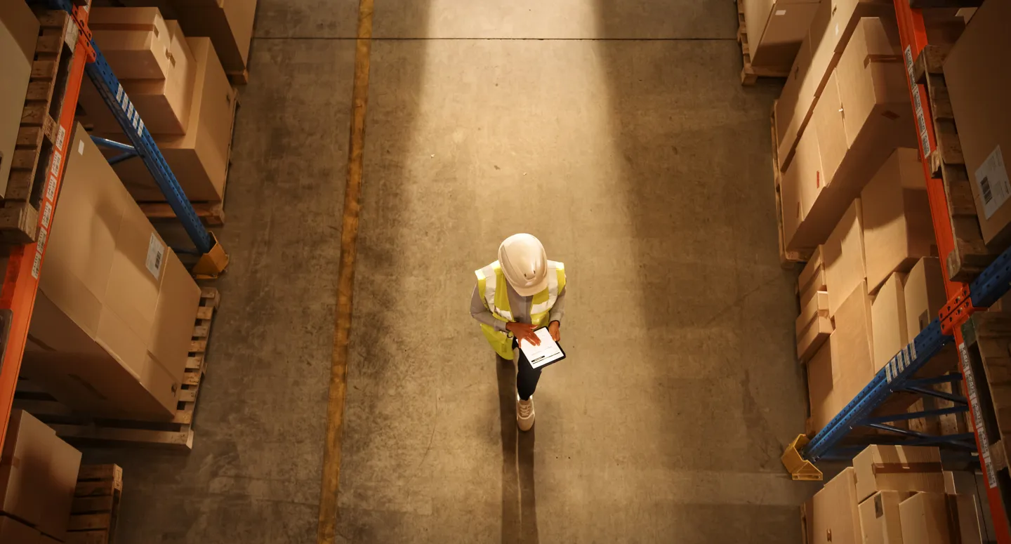Warehouse Worker In Aisle Birdseye View