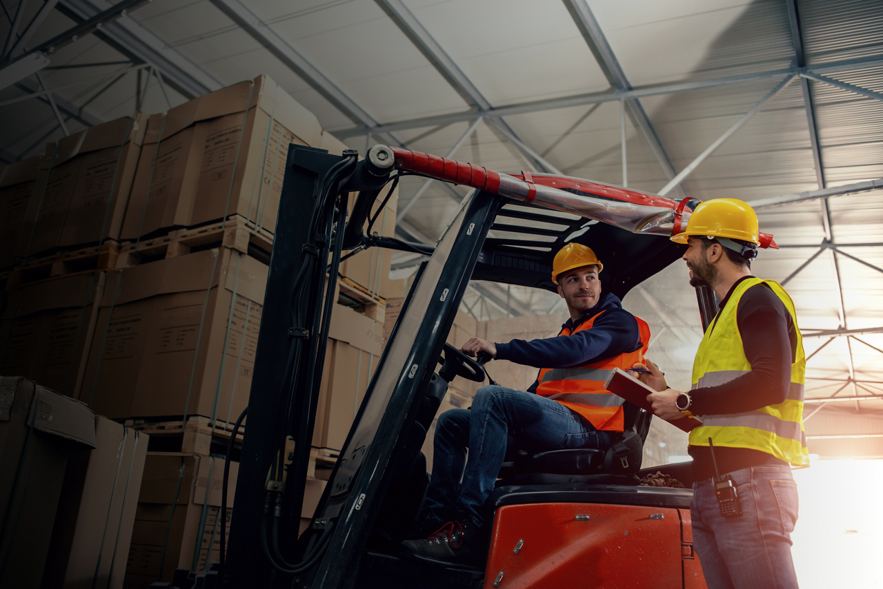 2 Warehouse Workers Hardhats Forklift