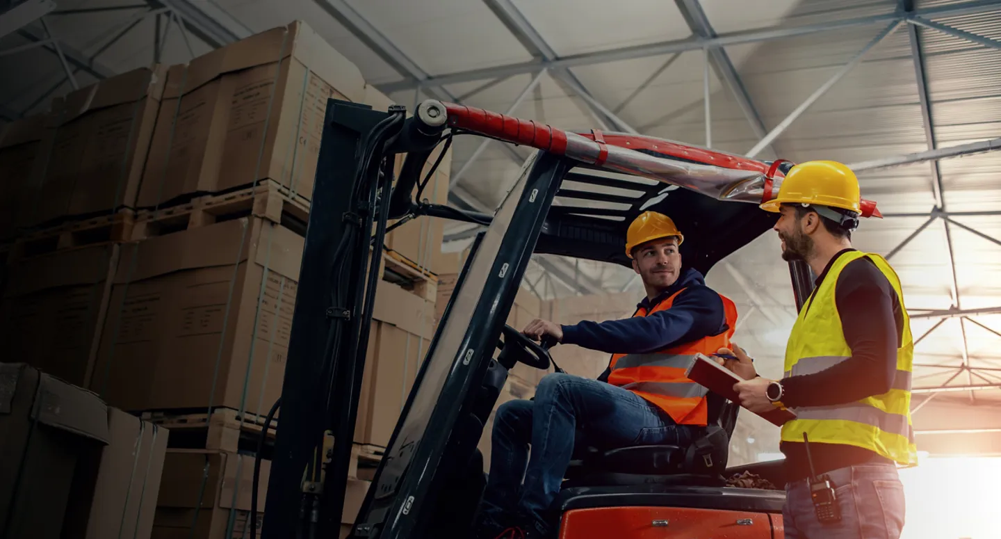 2 Warehouse Workers Hardhats Forklift